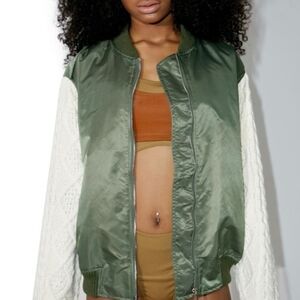 New $128 JOA Green Women's Boutique Bomber Jacket W/ Sweater Knit Sleeves S POL